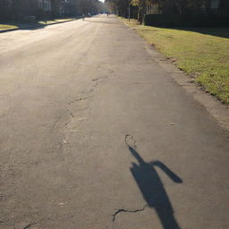 A worn-out road with deep cracks running along it, adjacent to a bustling school building. Children can be seen playing in the school yard, with the sun casting long shadows.