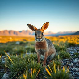 A captivating image of a Patagonian mara, set in its natural habitat in the Patagonia region