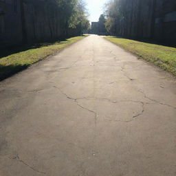 A worn-out road with deep cracks running along it, adjacent to a bustling school building. Children can be seen playing in the school yard, with the sun casting long shadows.