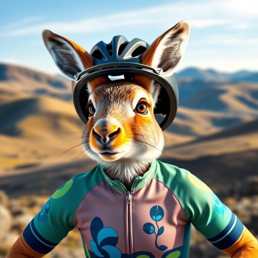 A whimsical and charming depiction of a Patagonian mara dressed as a cyclist