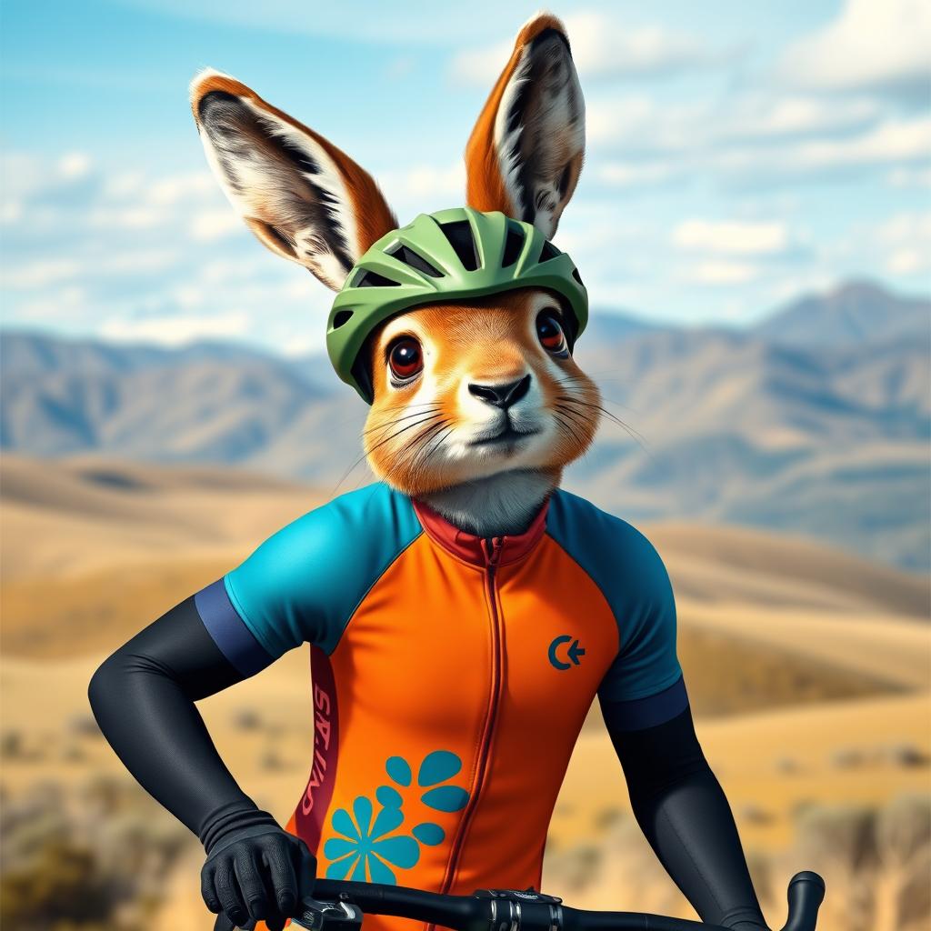 A whimsical and charming depiction of a Patagonian mara dressed as a cyclist