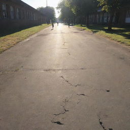 A worn-out road with deep cracks running along it, adjacent to a bustling school building. Children can be seen playing in the school yard, with the sun casting long shadows.