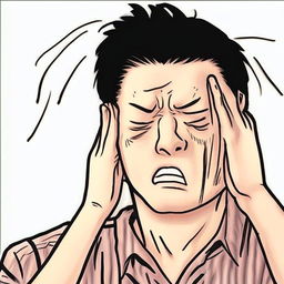 A manga styled representation of a man in the throes of a hangover, featuring exaggerated facial expression demonstrating discomfort and exhaustion.