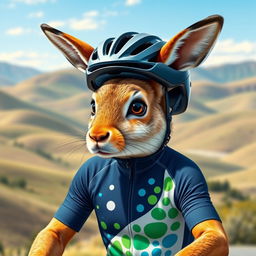 A whimsical and charming depiction of a Patagonian mara dressed as a cyclist