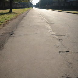 A worn-out road with deep cracks running along it, adjacent to a bustling school building. Children can be seen playing in the school yard, with the sun casting long shadows.