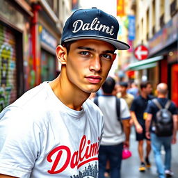 A young man wearing a casual T-shirt and a stylish hat, both featuring the word "Dalimi" embroidered in a modern, bold font