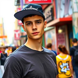 A young man wearing a casual T-shirt and a stylish hat, both featuring the word "Dalimi" embroidered in a modern, bold font