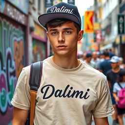 A young man wearing a casual T-shirt and a stylish hat, both featuring the word "Dalimi" embroidered in a modern, bold font