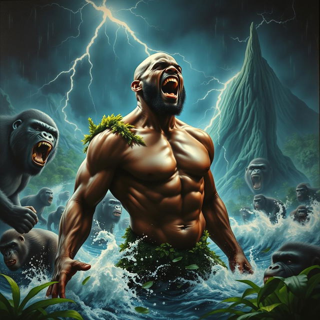 A polished, finished oil-based painting depicting a full-body, macro close-up view of an epic, enraged, gorgeously ferocious nude muscular dark chocolate-skinned African man with a bald head