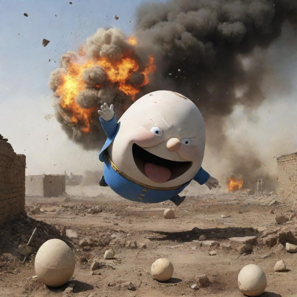 Humpty Dumpty falling from a wall amid an explosive blast in a war-torn landscape, with his shell shattering into pieces, attracting the attention of surrounding soldiers and commanders.