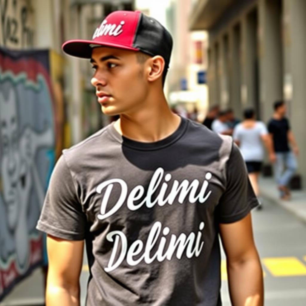 A young man wearing a casual T-shirt and a trendy hat, both featuring the word "Delimi" prominently displayed in a stylish, eye-catching font