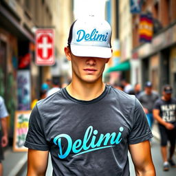 A young man wearing a casual T-shirt and a trendy hat, both featuring the word "Delimi" prominently displayed in a stylish, eye-catching font