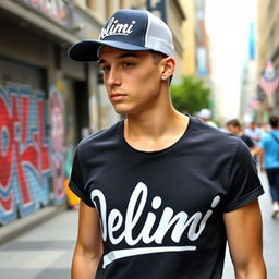 A young man wearing a casual T-shirt and a trendy hat, both featuring the word "Delimi" prominently displayed in a stylish, eye-catching font