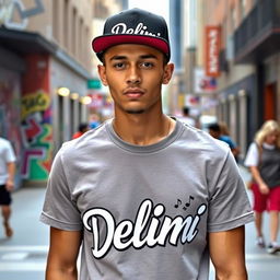 A young man wearing a casual T-shirt and a trendy hat, both featuring the word "Delimi" prominently displayed in a stylish, eye-catching font