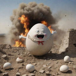 Humpty Dumpty falling from a wall amid an explosive blast in a war-torn landscape, with his shell shattering into pieces, attracting the attention of surrounding soldiers and commanders.