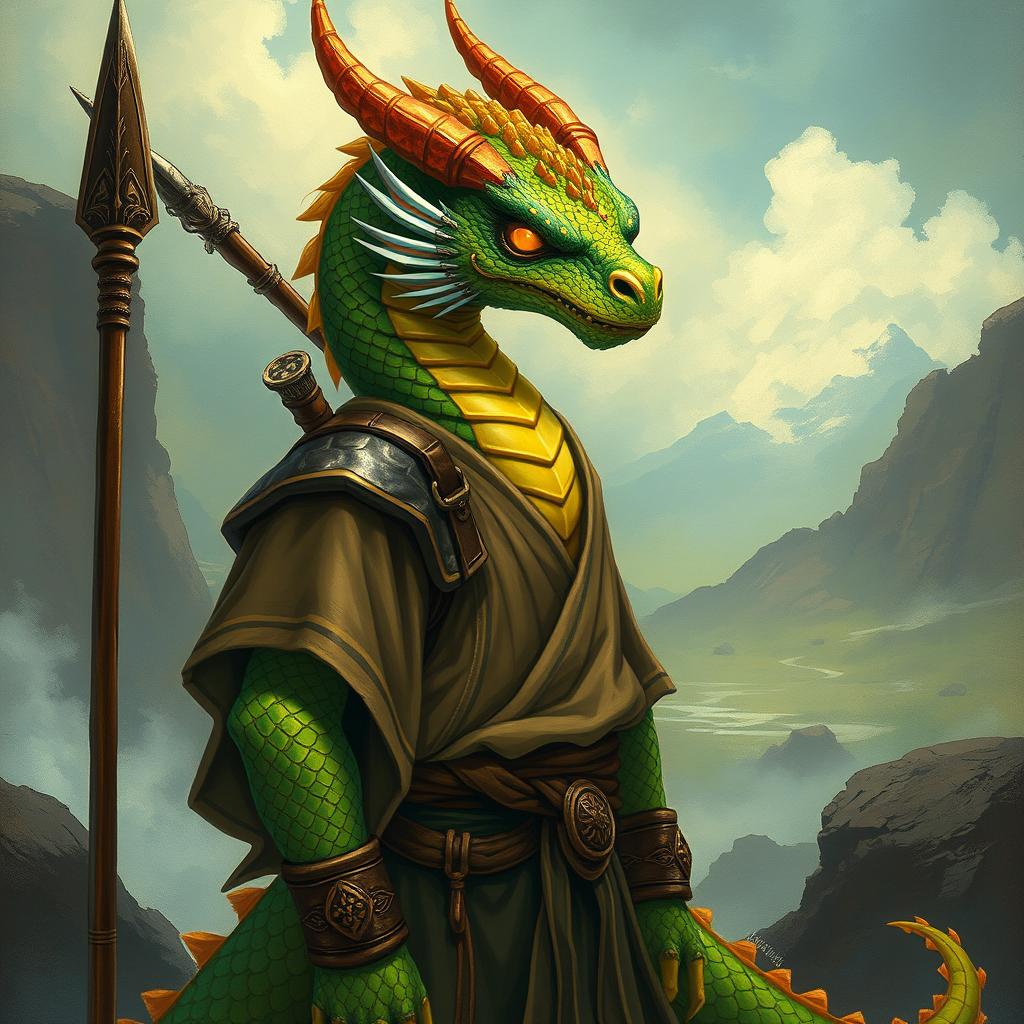 A dragonborn with topaz-colored scales dressed in a tunic, carrying a spear stashed on his back