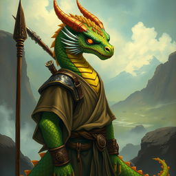 A dragonborn with topaz-colored scales dressed in a tunic, carrying a spear stashed on his back