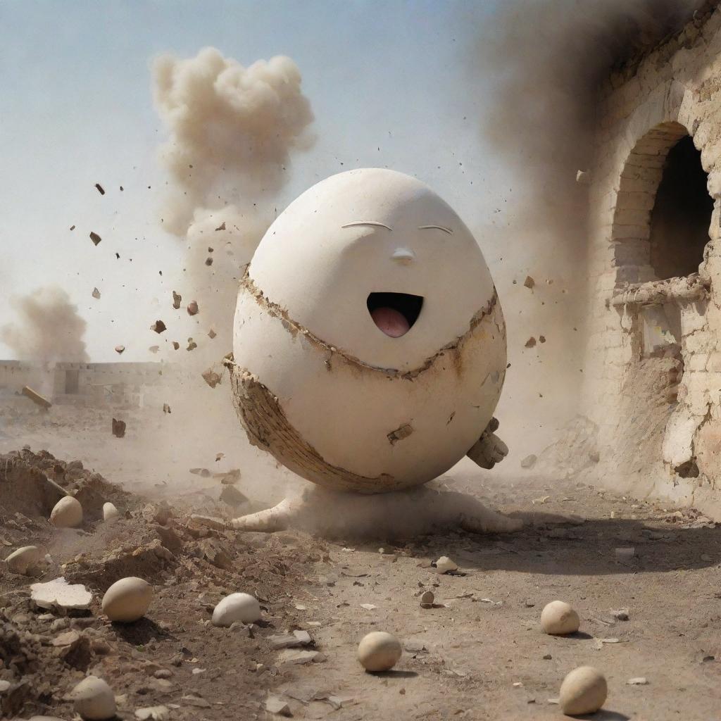 Humpty Dumpty falling from a wall amid an explosive blast in a war-torn landscape, with his shell shattering into pieces, attracting the attention of surrounding soldiers and commanders.