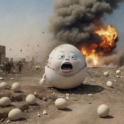 Humpty Dumpty falling from a wall amid an explosive blast in a war-torn landscape, with his shell shattering into pieces, attracting the attention of surrounding soldiers and commanders.