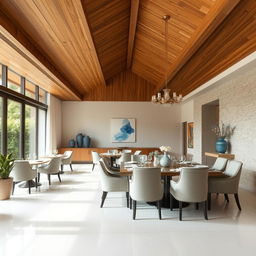 Elegant dining room featuring a wooden ceiling that adds warmth and natural sophistication