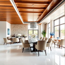 Elegant dining room featuring a wooden ceiling that adds warmth and natural sophistication