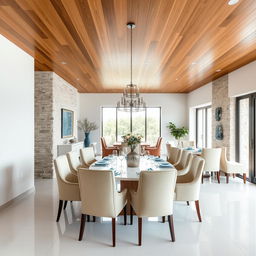 Elegant dining room featuring a wooden ceiling that adds warmth and natural sophistication