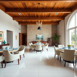 Elegant dining room featuring a wooden ceiling that adds warmth and natural sophistication