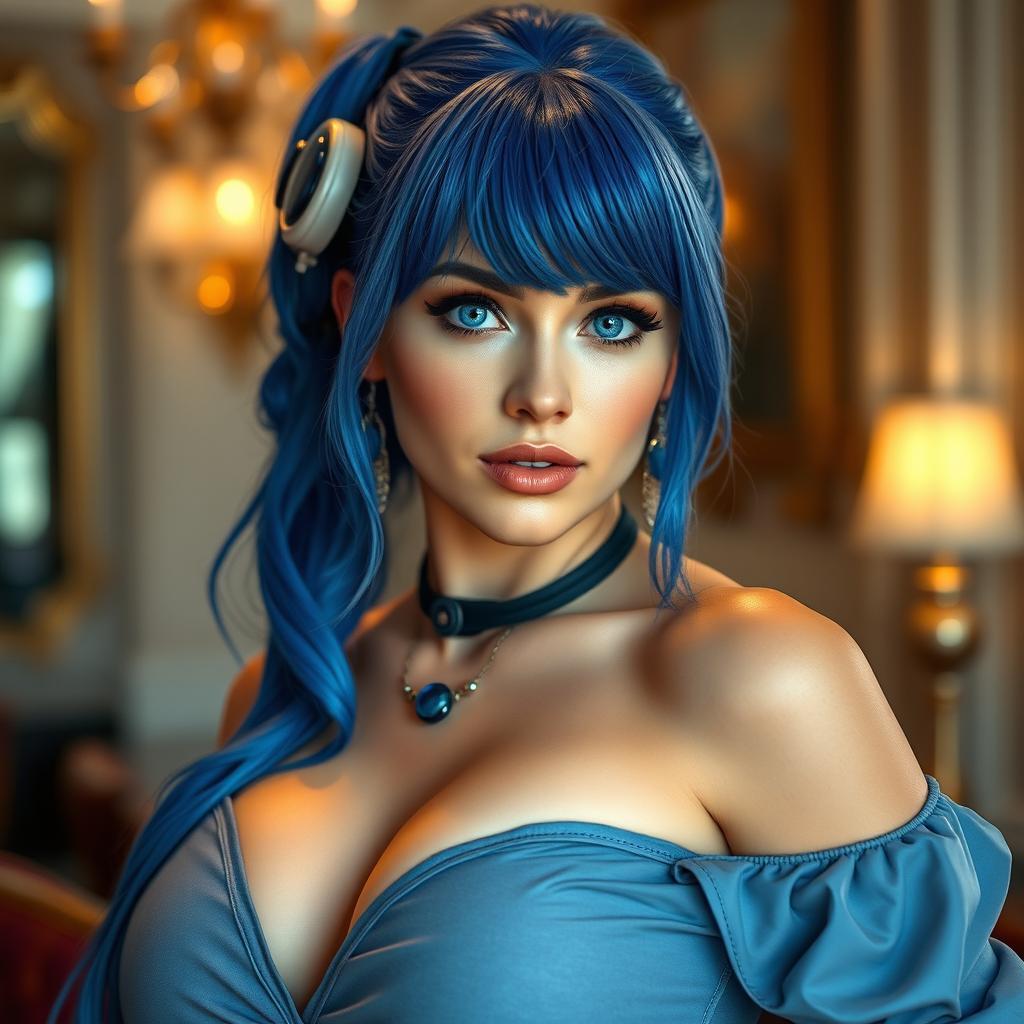 A voluptuous and alluring woman with striking blue hair and vibrant blue eyes, her curves accentuated with modest clothing that reflects fantasy aesthetics, featuring futuristic details like a tail hair and eye-phone elements woven into her hairstyle