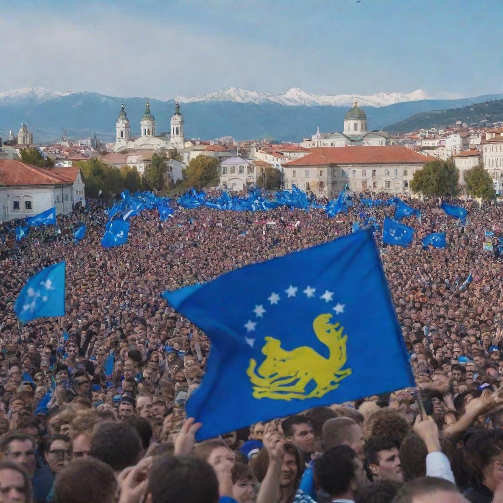 A celebration of Kosovo's independence, featuring a crowd of joyful people, the national flag waving in the air, and historical landmarks in the background.