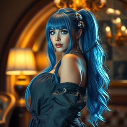 A voluptuous and alluring woman with striking blue hair and vibrant blue eyes, her curves accentuated with modest clothing that reflects fantasy aesthetics, featuring futuristic details like a tail hair and eye-phone elements woven into her hairstyle