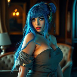 A voluptuous and alluring woman with striking blue hair and vibrant blue eyes, her curves accentuated with modest clothing that reflects fantasy aesthetics, featuring futuristic details like a tail hair and eye-phone elements woven into her hairstyle