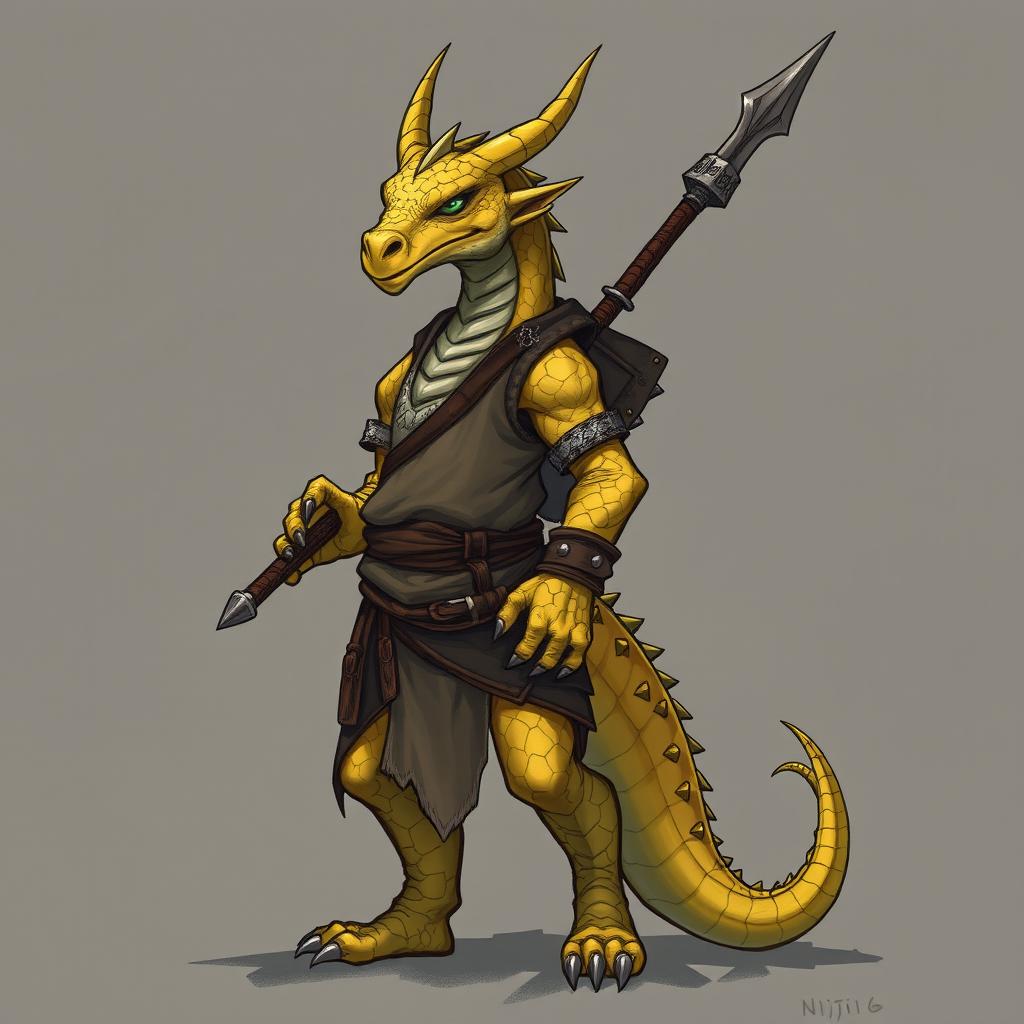 A dragon humanoid with yellow-colored scales, dressed in a tunic, carrying a spear stashed on his back