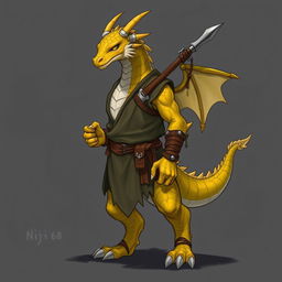 A dragon humanoid with yellow-colored scales, dressed in a tunic, carrying a spear stashed on his back