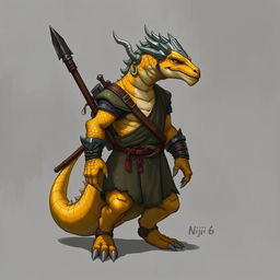 A dragon humanoid with yellow-colored scales, dressed in a tunic, carrying a spear stashed on his back