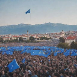 A celebration of Kosovo's independence, featuring a crowd of joyful people, the national flag waving in the air, and historical landmarks in the background.