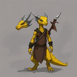 A dragon humanoid with yellow-colored scales, dressed in a tunic, carrying a spear stashed on his back