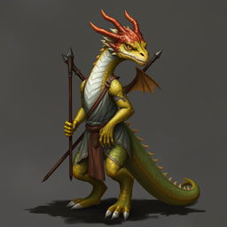 A dragon humanoid without a tail or wings, adorned with topaz-colored scales, dressed in a tunic, and carrying a spear stashed on his back