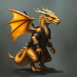 A dragon humanoid without a tail or wings, adorned with topaz-colored scales, dressed in a tunic, and carrying a spear stashed on his back