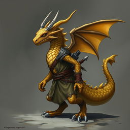 A dragon humanoid without a tail or wings, adorned with topaz-colored scales, dressed in a tunic, and carrying a spear stashed on his back