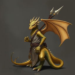 A dragon humanoid without a tail or wings, adorned with topaz-colored scales, dressed in a tunic, and carrying a spear stashed on his back