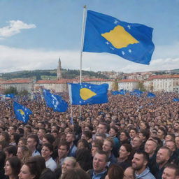 A celebration of Kosovo's independence, featuring a crowd of joyful people, the national flag waving in the air, and historical landmarks in the background.