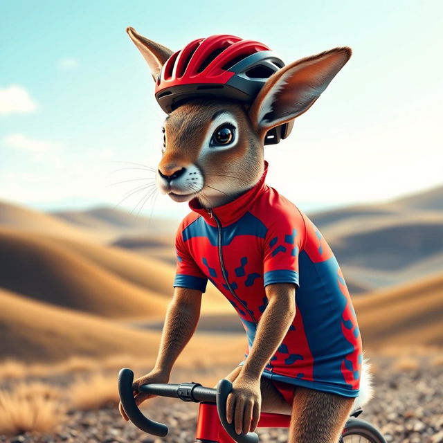 A playful depiction of a Patagonian mara dressed as a cyclist, adorned in a vibrant cycling outfit featuring a red and blue color scheme