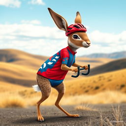 A playful depiction of a Patagonian mara dressed as a cyclist, adorned in a vibrant cycling outfit featuring a red and blue color scheme