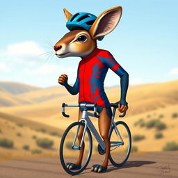 A playful depiction of a Patagonian mara dressed as a cyclist, adorned in a vibrant cycling outfit featuring a red and blue color scheme