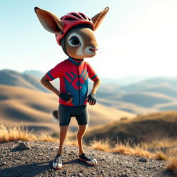 A playful depiction of a Patagonian mara dressed as a cyclist, adorned in a vibrant cycling outfit featuring a red and blue color scheme