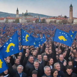 A celebration of Kosovo's independence, featuring a crowd of joyful people, the national flag waving in the air, and historical landmarks in the background.