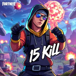 Eminem styled as a Fortnite character, in a dynamic and action-packed pose, with vibrant colors and cartoonish elements true to Fortnite's iconic art style