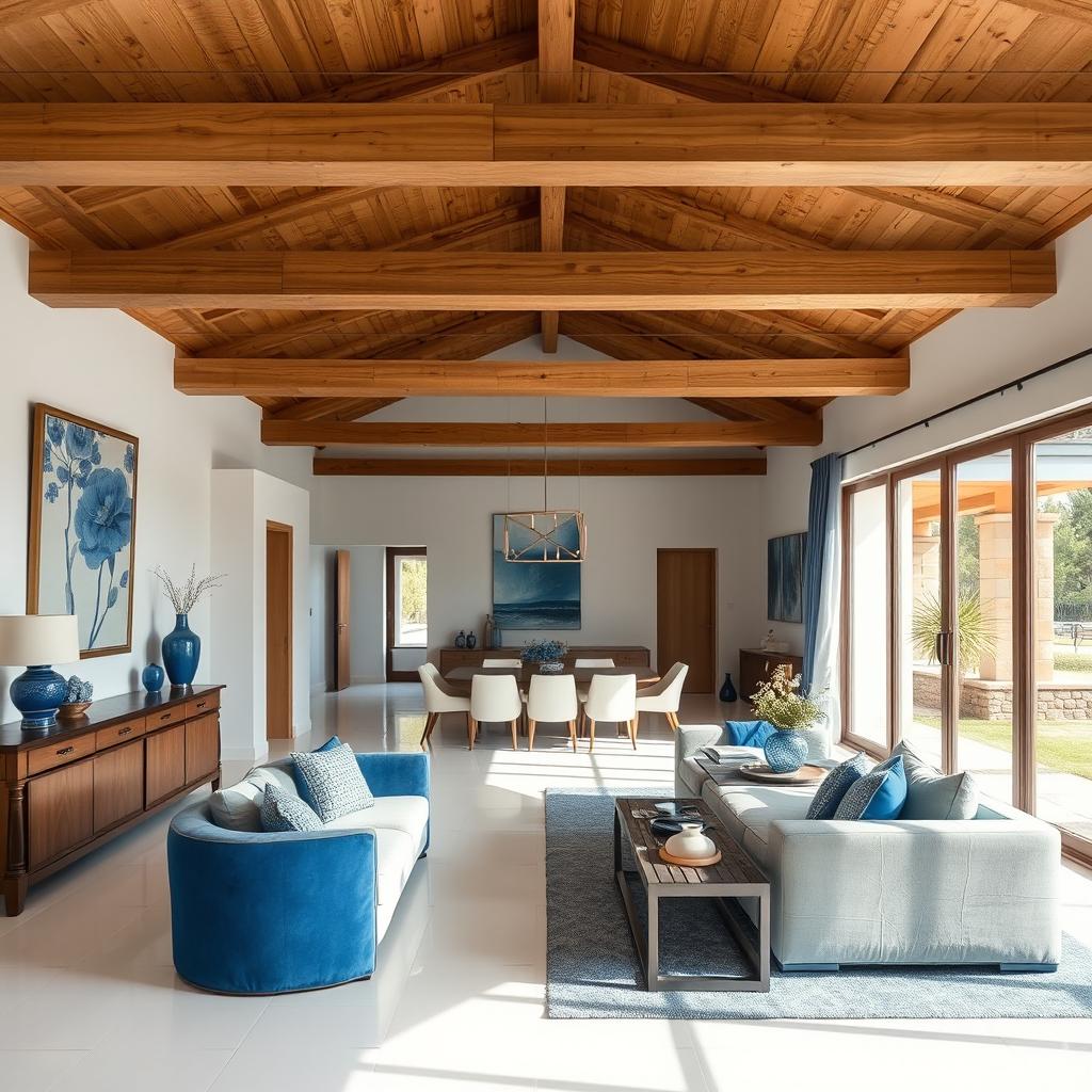 A living and dining room space featuring a white porcelain floor, wooden ceiling, and decorative details in blue