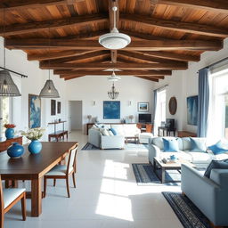 A living and dining room space featuring a white porcelain floor, wooden ceiling, and decorative details in blue