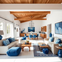 A living and dining room space featuring a white porcelain floor, wooden ceiling, and decorative details in blue